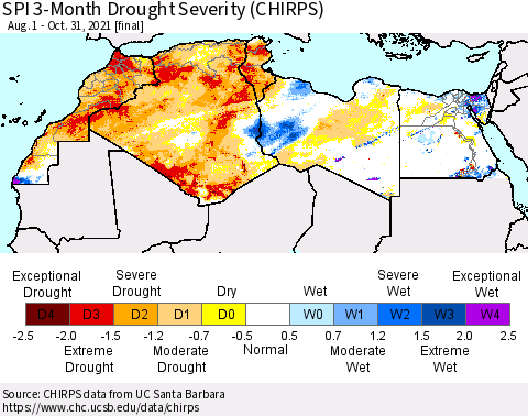 North Africa SPI 3-Month Drought Severity (CHIRPS) Thematic Map For 8/1/2021 - 10/31/2021