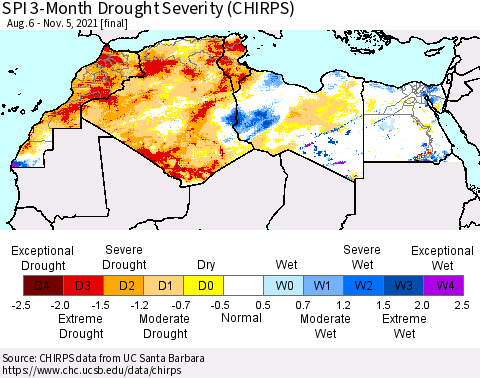 North Africa SPI 3-Month Drought Severity (CHIRPS) Thematic Map For 8/6/2021 - 11/5/2021