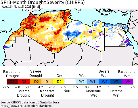 North Africa SPI 3-Month Drought Severity (CHIRPS) Thematic Map For 8/16/2021 - 11/15/2021