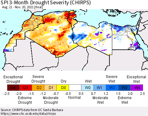 North Africa SPI 3-Month Drought Severity (CHIRPS) Thematic Map For 8/21/2021 - 11/20/2021