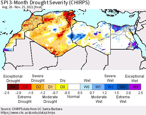 North Africa SPI 3-Month Drought Severity (CHIRPS) Thematic Map For 8/26/2021 - 11/25/2021