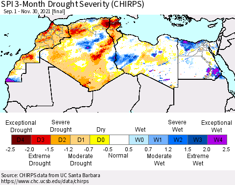 North Africa SPI 3-Month Drought Severity (CHIRPS) Thematic Map For 9/1/2021 - 11/30/2021
