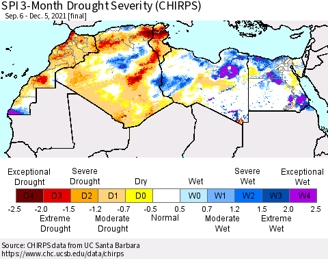 North Africa SPI 3-Month Drought Severity (CHIRPS) Thematic Map For 9/6/2021 - 12/5/2021