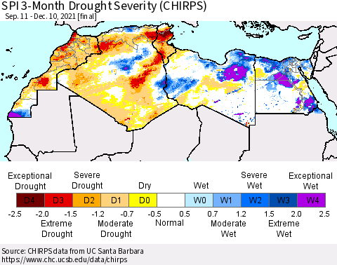 North Africa SPI 3-Month Drought Severity (CHIRPS) Thematic Map For 9/11/2021 - 12/10/2021
