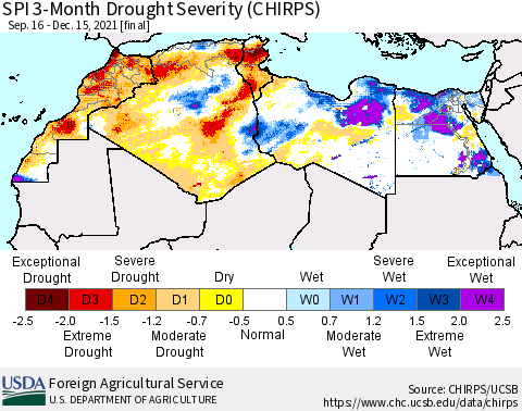 North Africa SPI 3-Month Drought Severity (CHIRPS) Thematic Map For 9/16/2021 - 12/15/2021