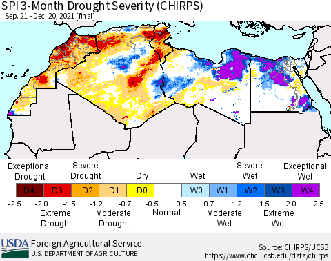 North Africa SPI 3-Month Drought Severity (CHIRPS) Thematic Map For 9/21/2021 - 12/20/2021