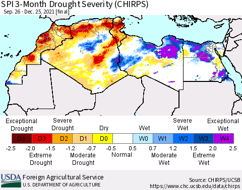 North Africa SPI 3-Month Drought Severity (CHIRPS) Thematic Map For 9/26/2021 - 12/25/2021