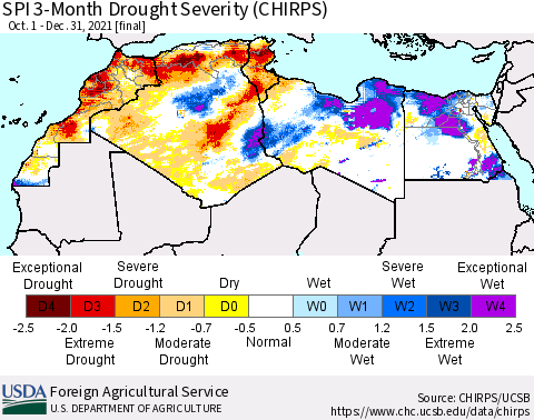 North Africa SPI 3-Month Drought Severity (CHIRPS) Thematic Map For 10/1/2021 - 12/31/2021