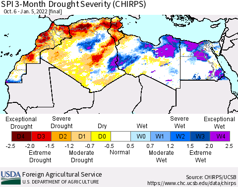 North Africa SPI 3-Month Drought Severity (CHIRPS) Thematic Map For 10/6/2021 - 1/5/2022