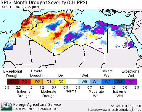 North Africa SPI 3-Month Drought Severity (CHIRPS) Thematic Map For 10/11/2021 - 1/10/2022