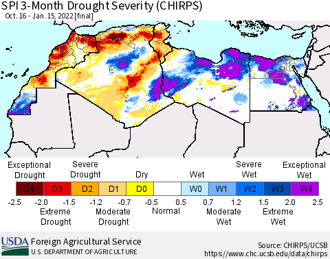 North Africa SPI 3-Month Drought Severity (CHIRPS) Thematic Map For 10/16/2021 - 1/15/2022