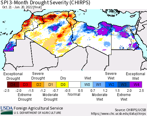 North Africa SPI 3-Month Drought Severity (CHIRPS) Thematic Map For 10/21/2021 - 1/20/2022