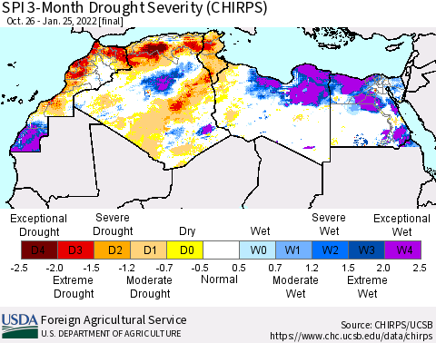 North Africa SPI 3-Month Drought Severity (CHIRPS) Thematic Map For 10/26/2021 - 1/25/2022
