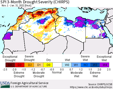 North Africa SPI 3-Month Drought Severity (CHIRPS) Thematic Map For 11/1/2021 - 1/31/2022