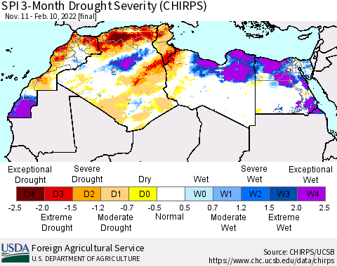 North Africa SPI 3-Month Drought Severity (CHIRPS) Thematic Map For 11/11/2021 - 2/10/2022