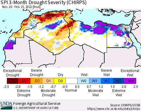 North Africa SPI 3-Month Drought Severity (CHIRPS) Thematic Map For 11/16/2021 - 2/15/2022