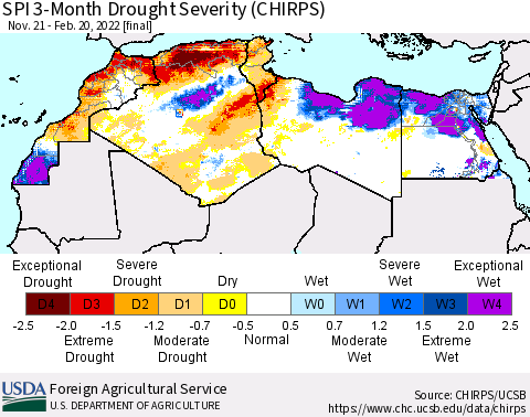 North Africa SPI 3-Month Drought Severity (CHIRPS) Thematic Map For 11/21/2021 - 2/20/2022