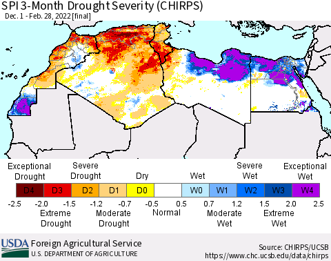 North Africa SPI 3-Month Drought Severity (CHIRPS) Thematic Map For 12/1/2021 - 2/28/2022
