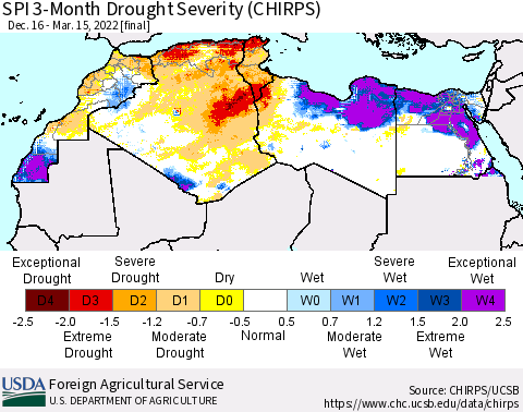 North Africa SPI 3-Month Drought Severity (CHIRPS) Thematic Map For 12/16/2021 - 3/15/2022