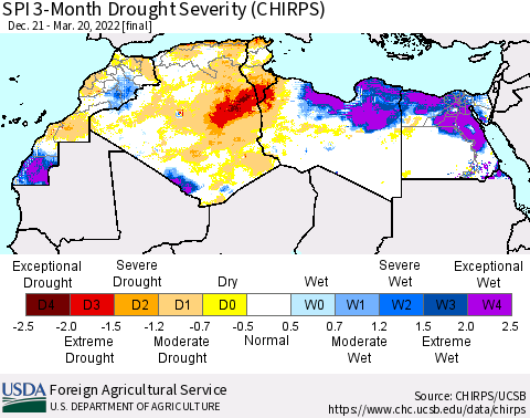 North Africa SPI 3-Month Drought Severity (CHIRPS) Thematic Map For 12/21/2021 - 3/20/2022