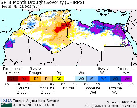 North Africa SPI 3-Month Drought Severity (CHIRPS) Thematic Map For 12/26/2021 - 3/25/2022