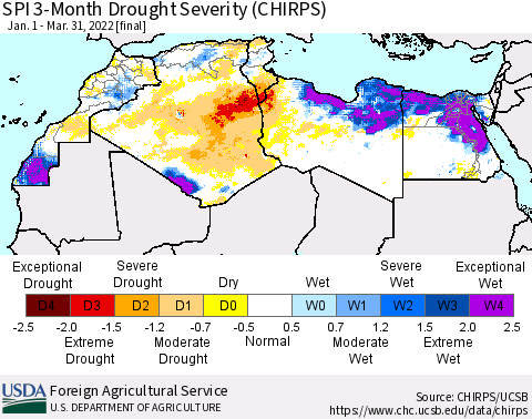 North Africa SPI 3-Month Drought Severity (CHIRPS) Thematic Map For 1/1/2022 - 3/31/2022