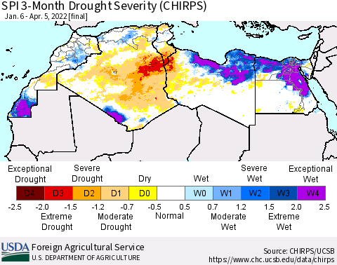 North Africa SPI 3-Month Drought Severity (CHIRPS) Thematic Map For 1/6/2022 - 4/5/2022
