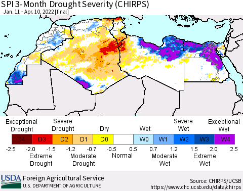 North Africa SPI 3-Month Drought Severity (CHIRPS) Thematic Map For 1/11/2022 - 4/10/2022