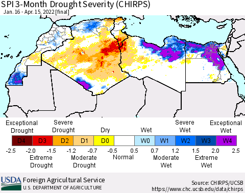 North Africa SPI 3-Month Drought Severity (CHIRPS) Thematic Map For 1/16/2022 - 4/15/2022