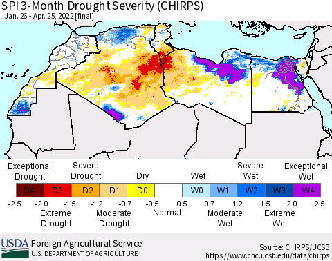 North Africa SPI 3-Month Drought Severity (CHIRPS) Thematic Map For 1/26/2022 - 4/25/2022