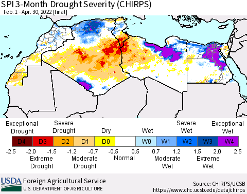 North Africa SPI 3-Month Drought Severity (CHIRPS) Thematic Map For 2/1/2022 - 4/30/2022