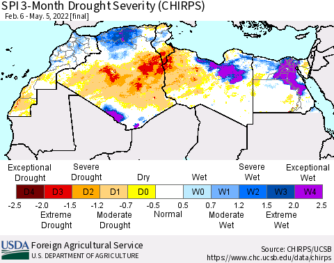 North Africa SPI 3-Month Drought Severity (CHIRPS) Thematic Map For 2/6/2022 - 5/5/2022