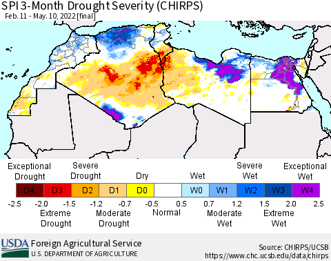 North Africa SPI 3-Month Drought Severity (CHIRPS) Thematic Map For 2/11/2022 - 5/10/2022