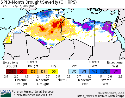 North Africa SPI 3-Month Drought Severity (CHIRPS) Thematic Map For 2/16/2022 - 5/15/2022