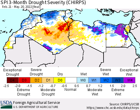 North Africa SPI 3-Month Drought Severity (CHIRPS) Thematic Map For 2/21/2022 - 5/20/2022