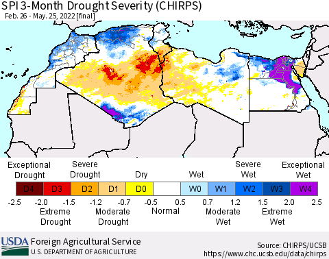 North Africa SPI 3-Month Drought Severity (CHIRPS) Thematic Map For 2/26/2022 - 5/25/2022