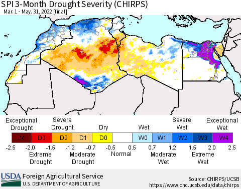 North Africa SPI 3-Month Drought Severity (CHIRPS) Thematic Map For 3/1/2022 - 5/31/2022