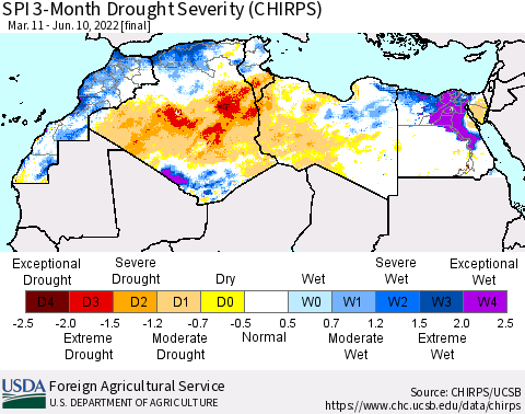 North Africa SPI 3-Month Drought Severity (CHIRPS) Thematic Map For 3/11/2022 - 6/10/2022