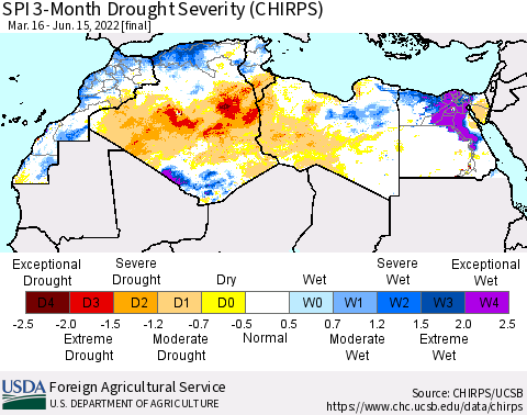 North Africa SPI 3-Month Drought Severity (CHIRPS) Thematic Map For 3/16/2022 - 6/15/2022