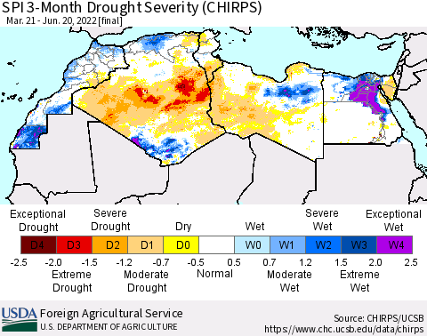 North Africa SPI 3-Month Drought Severity (CHIRPS) Thematic Map For 3/21/2022 - 6/20/2022