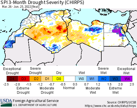 North Africa SPI 3-Month Drought Severity (CHIRPS) Thematic Map For 3/26/2022 - 6/25/2022