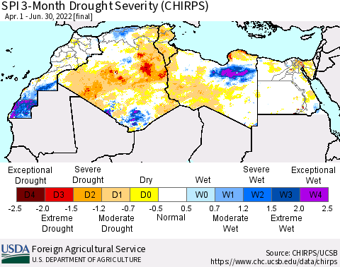 North Africa SPI 3-Month Drought Severity (CHIRPS) Thematic Map For 4/1/2022 - 6/30/2022