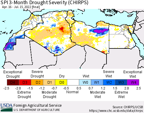 North Africa SPI 3-Month Drought Severity (CHIRPS) Thematic Map For 4/16/2022 - 7/15/2022