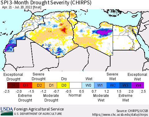 North Africa SPI 3-Month Drought Severity (CHIRPS) Thematic Map For 4/21/2022 - 7/20/2022