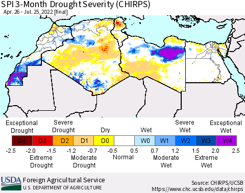 North Africa SPI 3-Month Drought Severity (CHIRPS) Thematic Map For 4/26/2022 - 7/25/2022