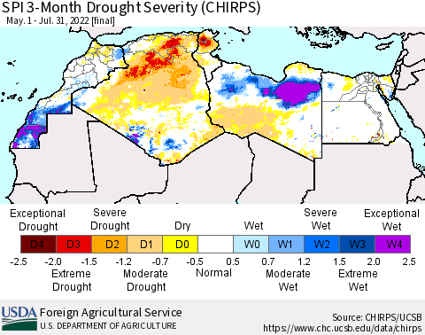 North Africa SPI 3-Month Drought Severity (CHIRPS) Thematic Map For 5/1/2022 - 7/31/2022