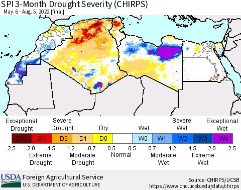 North Africa SPI 3-Month Drought Severity (CHIRPS) Thematic Map For 5/6/2022 - 8/5/2022