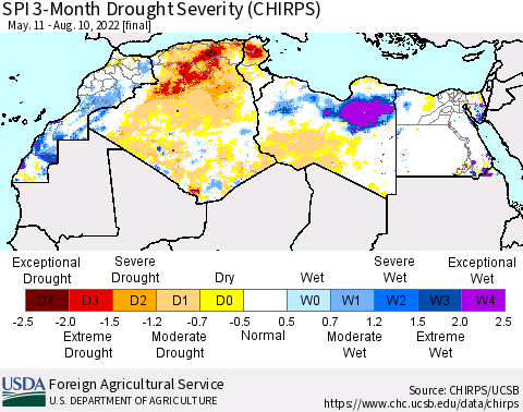 North Africa SPI 3-Month Drought Severity (CHIRPS) Thematic Map For 5/11/2022 - 8/10/2022