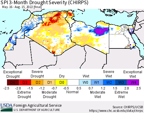 North Africa SPI 3-Month Drought Severity (CHIRPS) Thematic Map For 5/16/2022 - 8/15/2022