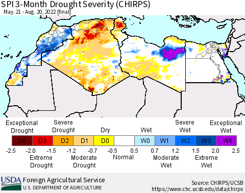 North Africa SPI 3-Month Drought Severity (CHIRPS) Thematic Map For 5/21/2022 - 8/20/2022